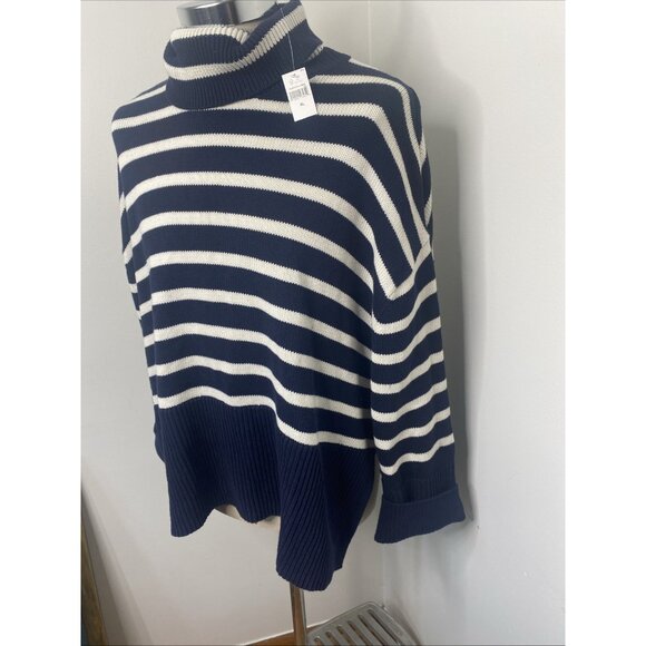 GAP Split Hem Turtleneck Sweater XL Navy Blue White Stripe Cotton Oversized NEW - Picture 4 of 9
